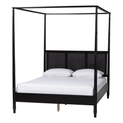 Baxton Studio Marisela Canopy Bed with Synthetic Rattan Headboard - Black Wood Bed Frame with Bamboo-Inspired Posts, Modern Transitional Bedroom Accent Furniture, King Size